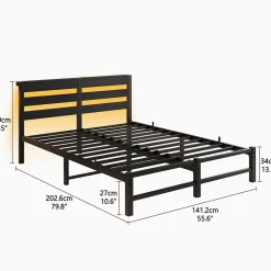Lit Double 140x190 cm, Lit Métal Ado avec Éclairage LED et Prises USB, Rangement Sous le Lit, Sans Matelas, Métal et Bois, Noir