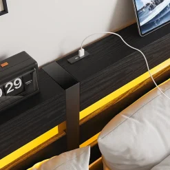 Lit Double 140x190 cm, Lit Métal Ado avec Éclairage LED et Prises USB, Rangement Sous le Lit, Sans Matelas, Métal et Bois, Noir