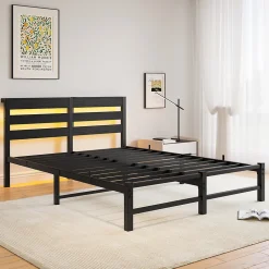 Lit Double 140x190 cm, Lit Métal Ado avec Éclairage LED et Prises USB, Rangement Sous le Lit, Sans Matelas, Métal et Bois, Noir