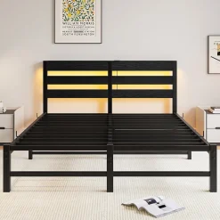 Lit Double 140x190 cm, Lit Métal Ado avec Éclairage LED et Prises USB, Rangement Sous le Lit, Sans Matelas, Métal et Bois, Noir