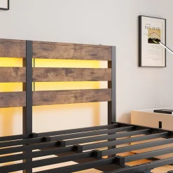 Lit Double 140x200 cm, Lit Métal Ado avec Éclairage LED et Prises USB, Rangement dessous, Sans Matelas, Métal et Bois, Noir, Brun