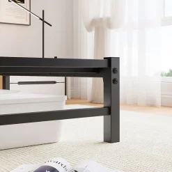 Lit Double 140x200 cm, Lit Métal Ado avec Éclairage LED et Prises USB, Rangement dessous, Sans Matelas, Métal et Bois, Noir, Brun