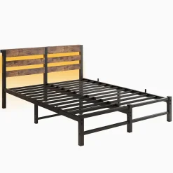 Lit Double 140x200 cm, Lit Métal Ado avec Éclairage LED et Prises USB, Rangement dessous, Sans Matelas, Métal et Bois, Noir, Brun