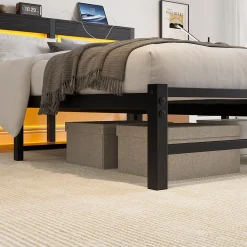 Lit Double 140x200 cm, Lit Métal Ado avec Éclairage LED et Prises USB, Rangement dessous, Sans Matelas, Métal et Bois, Noir