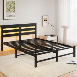 Lit Double 140x200 cm, Lit Métal Ado avec Éclairage LED et Prises USB, Rangement dessous, Sans Matelas, Métal et Bois, Noir