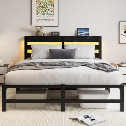 Lit Double 140x200 cm, Lit Métal Ado avec Éclairage LED et Prises USB, Rangement dessous, Sans Matelas, Métal et Bois, Noir