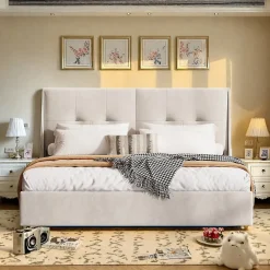 Lit double 140x200 cm moderne avec tête rembourrée, LED intégrées et rangement sous sommier, design minimaliste beige