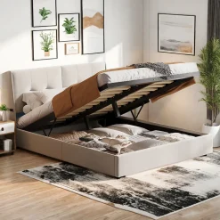 Lit double 140x200 cm moderne avec tête rembourrée, LED intégrées et rangement sous sommier, design minimaliste beige