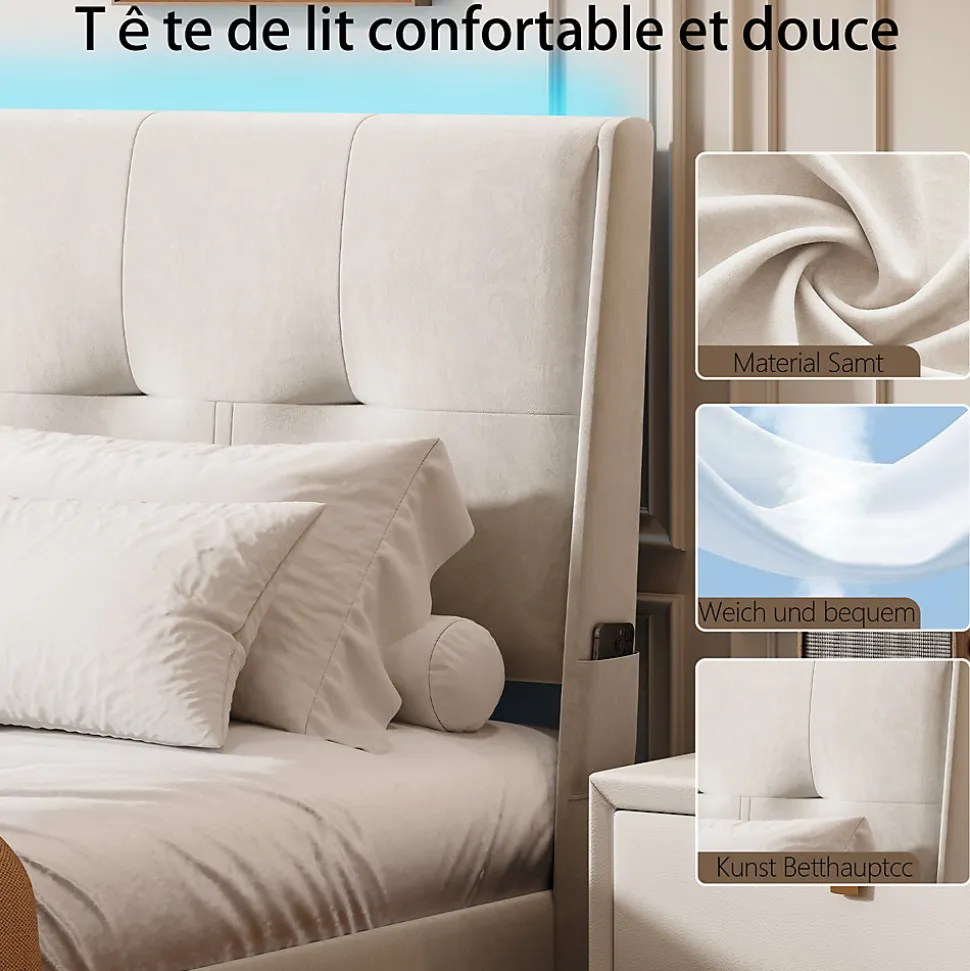 Lit double 140x200 cm moderne avec tête rembourrée, LED intégrées et rangement sous sommier, design minimaliste beige