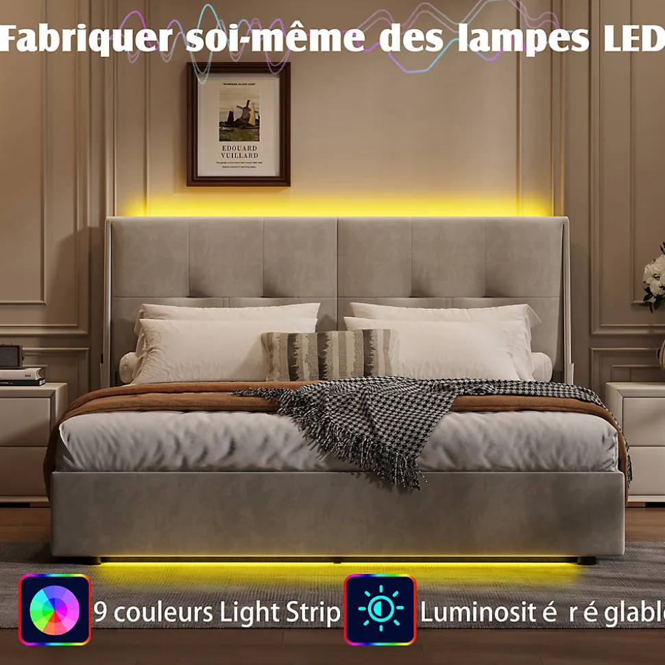 Lit double 140x200 cm moderne avec tête rembourrée, LED intégrées et rangement sous sommier, design minimaliste beige