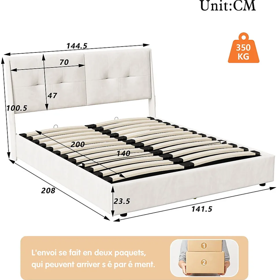 Lit double 140x200 cm moderne avec tête rembourrée, LED intégrées et rangement sous sommier, design minimaliste beige