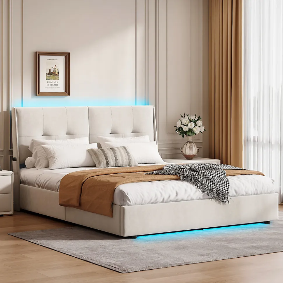 Lit double 140x200 cm moderne avec tête rembourrée, LED intégrées et rangement sous sommier, design minimaliste beige