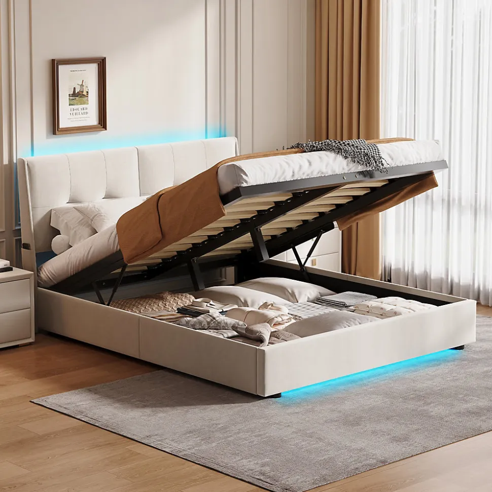 Lit double 140x200 cm moderne avec tête rembourrée, LED intégrées et rangement sous sommier, design minimaliste beige