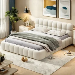 Lit double 160x200 cm pour jeune avec dossier et bordure rembourrés, sommier à lattes, lin, matelas non inclus, Beige