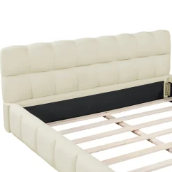 Lit double 160x200 cm pour jeune avec dossier et bordure rembourrés, sommier à lattes, lin, matelas non inclus, Beige
