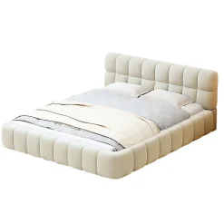 Lit double 160x200 cm pour jeune avec dossier et bordure rembourrés, sommier à lattes, lin, matelas non inclus, Beige