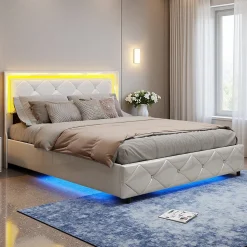 Lit double 160x200 cm PU blanc capitonné cristal avec coffre hydraulique, ports de charge et lumière LED