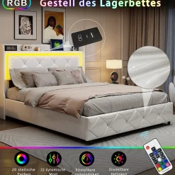 Lit double 160x200 cm PU blanc capitonné cristal avec coffre hydraulique, ports de charge et lumière LED