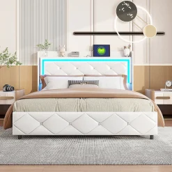Lit double 160x200 cm PU blanc capitonné cristal avec coffre hydraulique, ports de charge et lumière LED