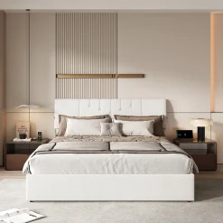 Lit double 160x200 cm, rangement à vérin hydraulique, tête de lit USB, cadre robuste, bouclette, Crème