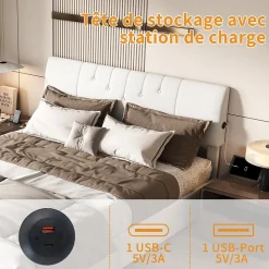 Lit double 160x200 cm, rangement à vérin hydraulique, tête de lit USB, cadre robuste, bouclette, Crème