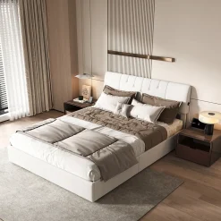 Lit double 160x200 cm, rangement à vérin hydraulique, tête de lit USB, cadre robuste, bouclette, Crème