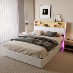 Lit double 160x200 cm, rangement à vérin hydraulique, tête de lit USB, LED, effet pierre, PU, Blanc