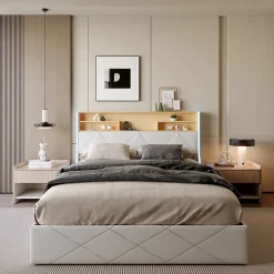 Lit double 160x200 cm, rangement à vérin hydraulique, tête de lit USB, LED, effet pierre, PU, Blanc