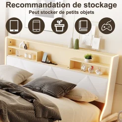 Lit double 160x200 cm, rangement à vérin hydraulique, tête de lit USB, LED, effet pierre, PU, Blanc