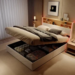 Lit double 160x200 cm, rangement à vérin hydraulique, tête de lit USB, LED, effet pierre, PU, Blanc