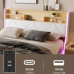 Lit double 160x200 cm, rangement à vérin hydraulique, tête de lit USB, LED, effet pierre, PU, Blanc