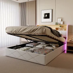 Lit double 160x200 cm, rangement à vérin hydraulique, tête de lit USB, LED, effet pierre, PU, Blanc