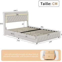 Lit double 140x200 cm, rangement, tête de lit étagères, LED, USB Type-C, Velours, Beige