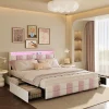 Lit double 140x190 cm, rangement, tête LED multicolore, USB, 4 tiroirs, Velours, Blanc Rose