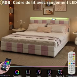 Lit double 140x190 cm, rangement, tête LED multicolore, USB, 4 tiroirs, Velours, Blanc Rose