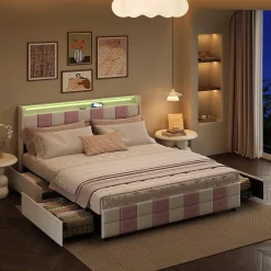 Lit double 140x190 cm, rangement, tête LED multicolore, USB, 4 tiroirs, Velours, Blanc Rose