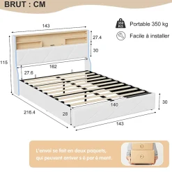 Lit double 140x200 cm, rangement à vérin hydraulique, tête de lit USB, LED, effet pierre, PU, Blanc