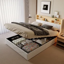 Lit double 140x200 cm, rangement à vérin hydraulique, tête de lit USB, LED, effet pierre, PU, Blanc