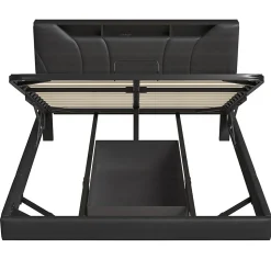 Lit double 140x200 cm rembourré gris en PU avec LED, ports USB, tête de lit et coffre de rangement