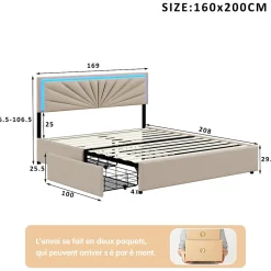 Lit double 160x200 cm rembourré avec 4 tiroirs, tête de lit avec rangement, LED, sommier à lattes, beige