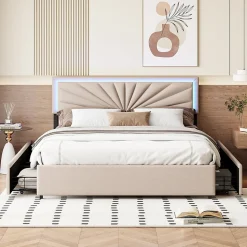 Lit double 160x200 cm rembourré avec 4 tiroirs, tête de lit avec rangement, LED, sommier à lattes, beige