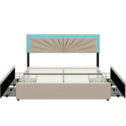 Lit double 160x200 cm rembourré avec 4 tiroirs, tête de lit avec rangement, LED, sommier à lattes, beige