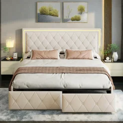 Lit double 140x200 cm rembourré avec LED, tête réglable, 4 tiroirs, coffre de rangement et sommier, Blanc cassé