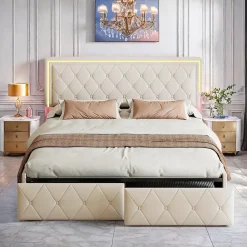 Lit double 140x200 cm rembourré avec LED, tête réglable, 4 tiroirs, coffre de rangement et sommier, Blanc cassé