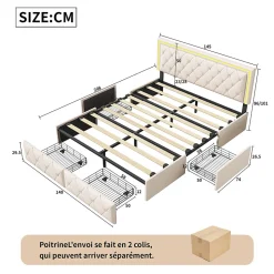 Lit double 140x200 cm rembourré avec LED, tête réglable, 4 tiroirs, coffre de rangement et sommier, Blanc cassé