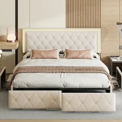 Lit double 140x200 cm rembourré avec LED, tête réglable, 4 tiroirs, coffre de rangement et sommier, Blanc cassé