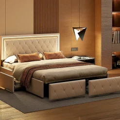 Lit double 140x200 cm rembourré avec LED, tête réglable, 4 tiroirs, coffre de rangement et sommier, Blanc cassé