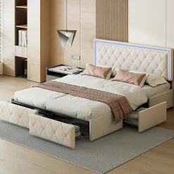 Lit double 140x200 cm rembourré avec LED, tête réglable, 4 tiroirs, coffre de rangement et sommier, Blanc cassé