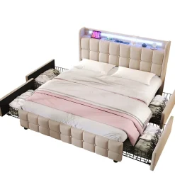 Lit double 160x200 cm rembourré, tête LED, 4 tiroirs, USB, lin beige, sans matelas