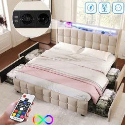 Lit double 160x200 cm rembourré, tête LED, 4 tiroirs, USB, lin beige, sans matelas